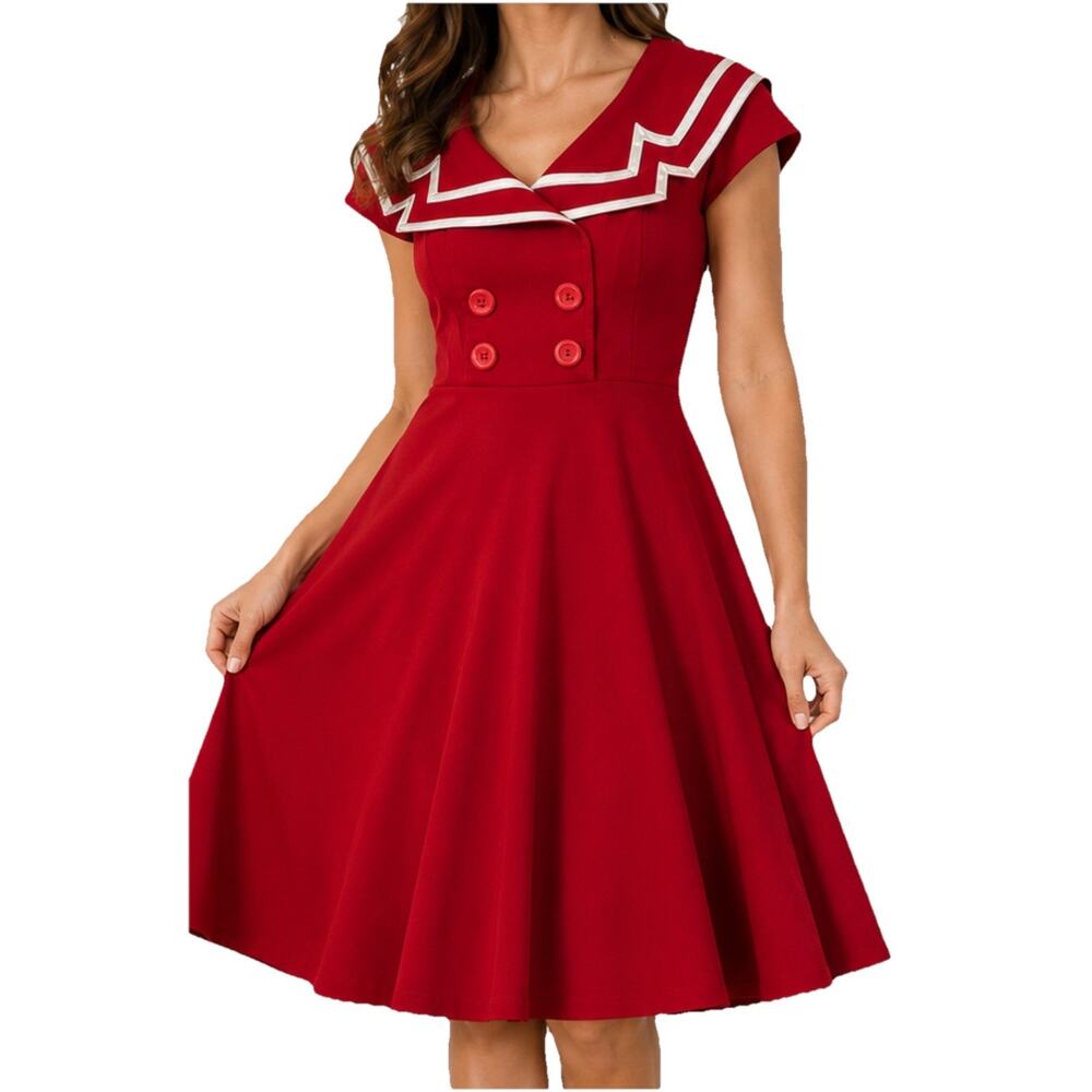 Bettie Page Tatyana Red Sailor Collar Fit Flare Retro Pin Up Dress Women’s Small